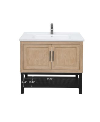 36" Bathroom Vanity with White Ceramic Sink & Faucet,Freestanding Bathroom Cabinet with 2 Storage Doors and Open iron Shelf
