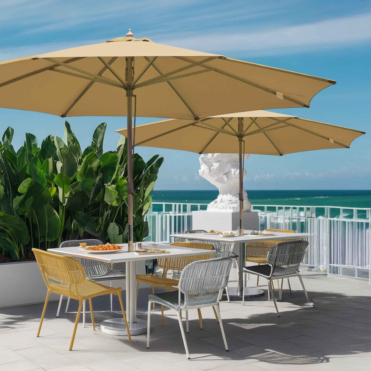13FT Large Outdoor Patio Umbrella UV30+ Wood 8 Rib Pole for Table Beach Yard Garden Wedding Deck Cafe Pool Tan - Tan