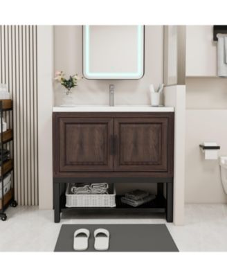 36" Freestanding Ceramic Sink Bathroom Vanity with Faucet and Iron Shelf Cabinet