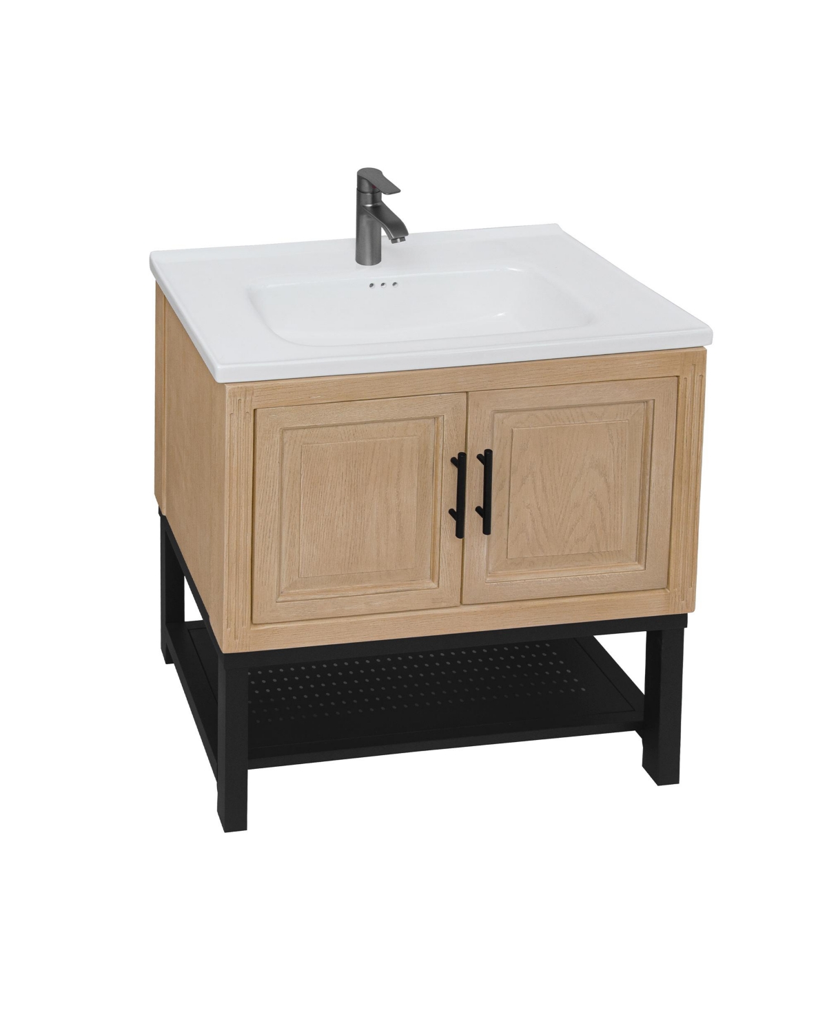 32" Bathroom Vanity with White Ceramic Sink & Faucet,Freestanding Bathroom Cabinet with 2 Storage Doors and Open iron Shelf - Walnut