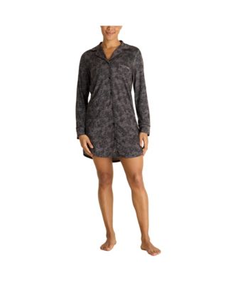 Women's Long Sleeve Button Up Notch Collar Nightshirt with Piping and Pocket