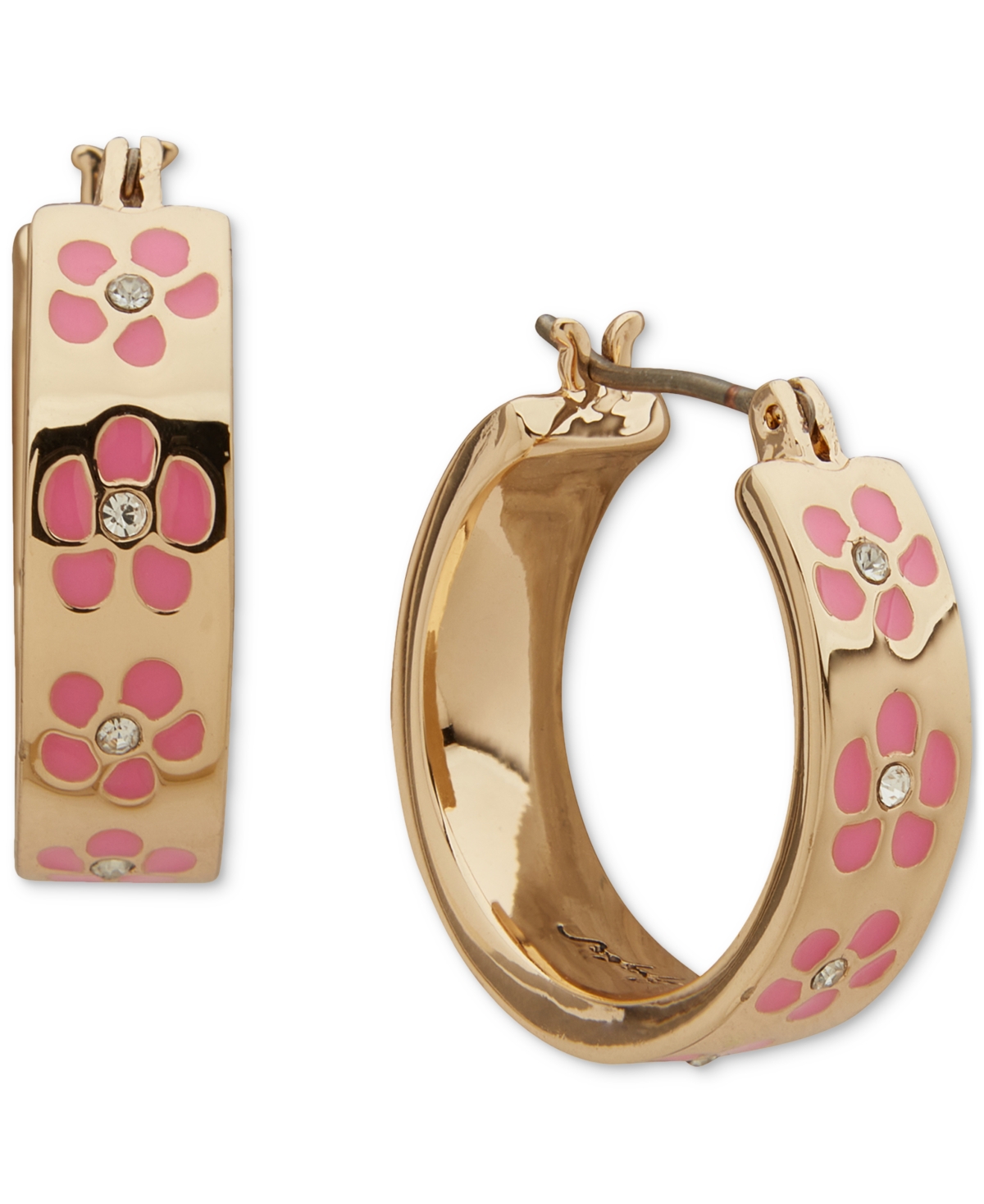 Karl Lagerfeld Gold-tone Crystal & Enamel Flower Small Hoop Earrings. 0.68" In Medium Red