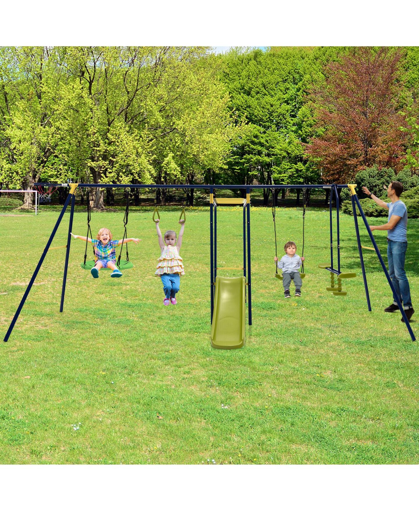 Детские игрушки HONGGE 7-in-1 A-Frame Metal Swing Set with Swing, Saucer, Glider, Slide, Gym Rings, Monkey Bar & Climbing Rope, Ages 3-10, цвет: Синий — фото 5