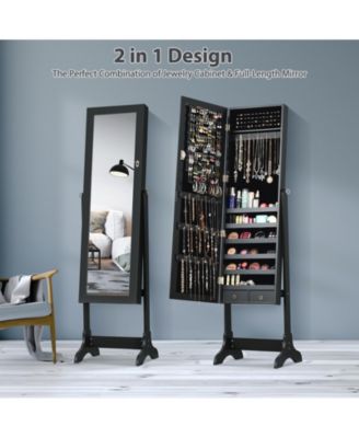 Lockable Mirrored Jewelry Cabinet Armoire Storage Organizer Box