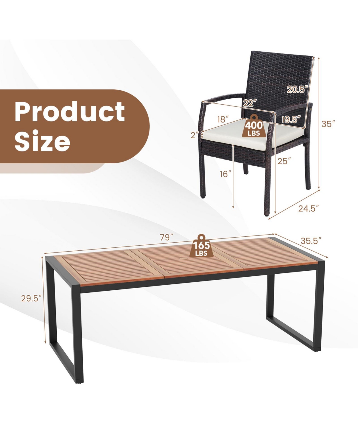 9 Pieces Patio Rattan Dining Set with Acacia Wood Table for Backyard Garden-l-shaped Handrail