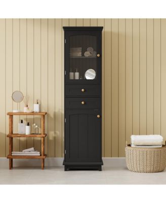 63&amp;#x22; MDF Tall Bathroom Storage Cabinet with Glass Doors, Drawers and Adjustable Shelves