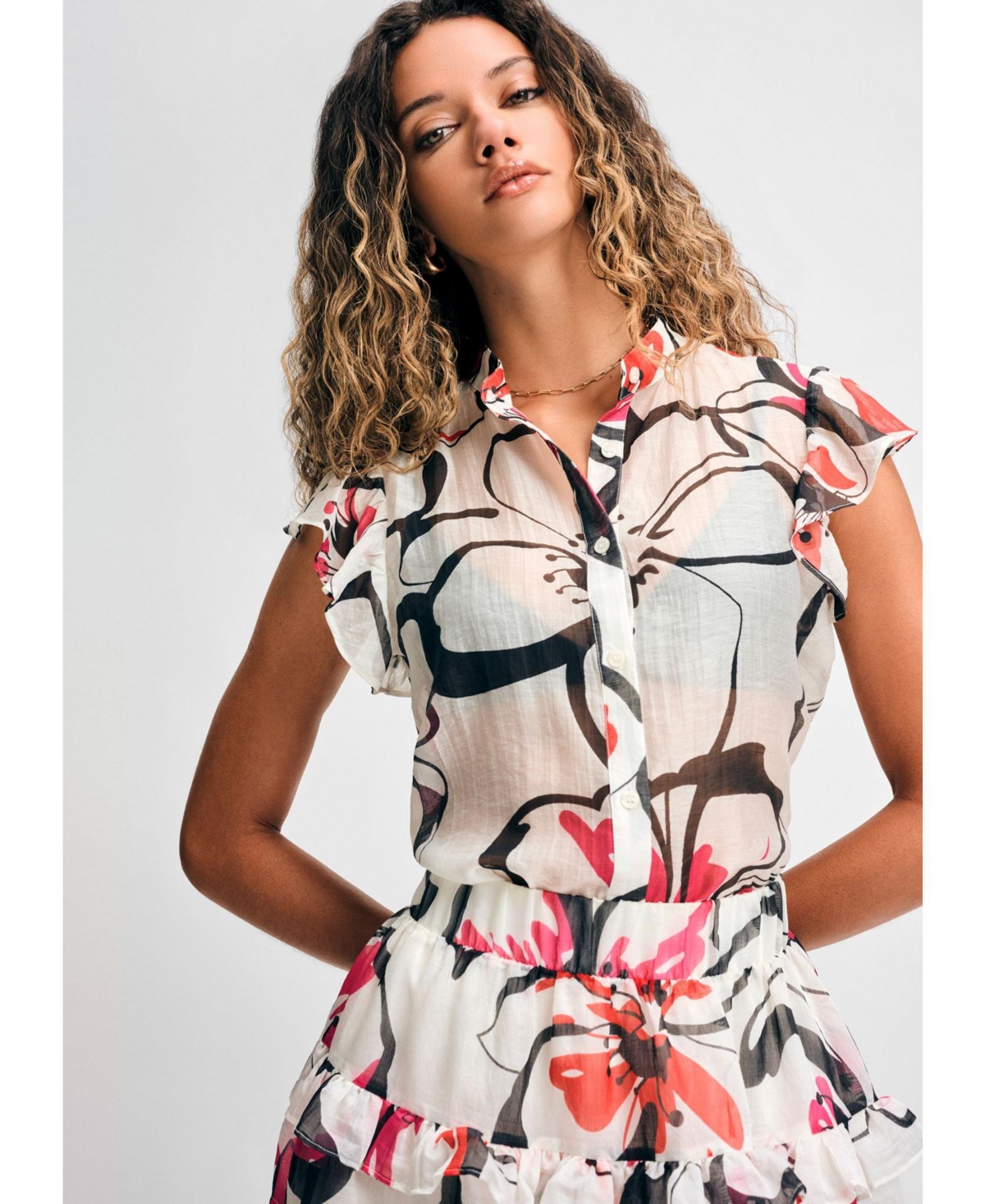Women's Sleeveless Ruffle Blouse - White black