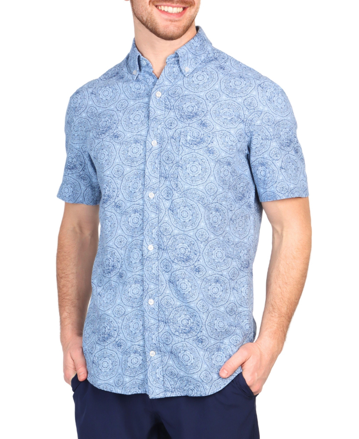Men's Batik Printed Linen Blend Short Sleeve Shirt - Lt blue