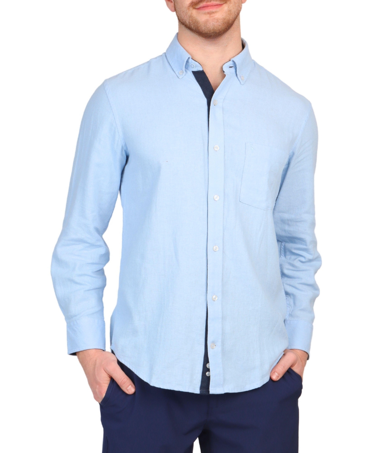 Men's Solid Linen Blend Long Sleeve Shirt - Navy