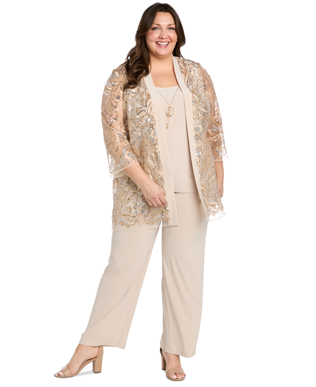 Plus Size 3-Pc. Embellished Jacket, Necklace Top & Pant Set - Gold
