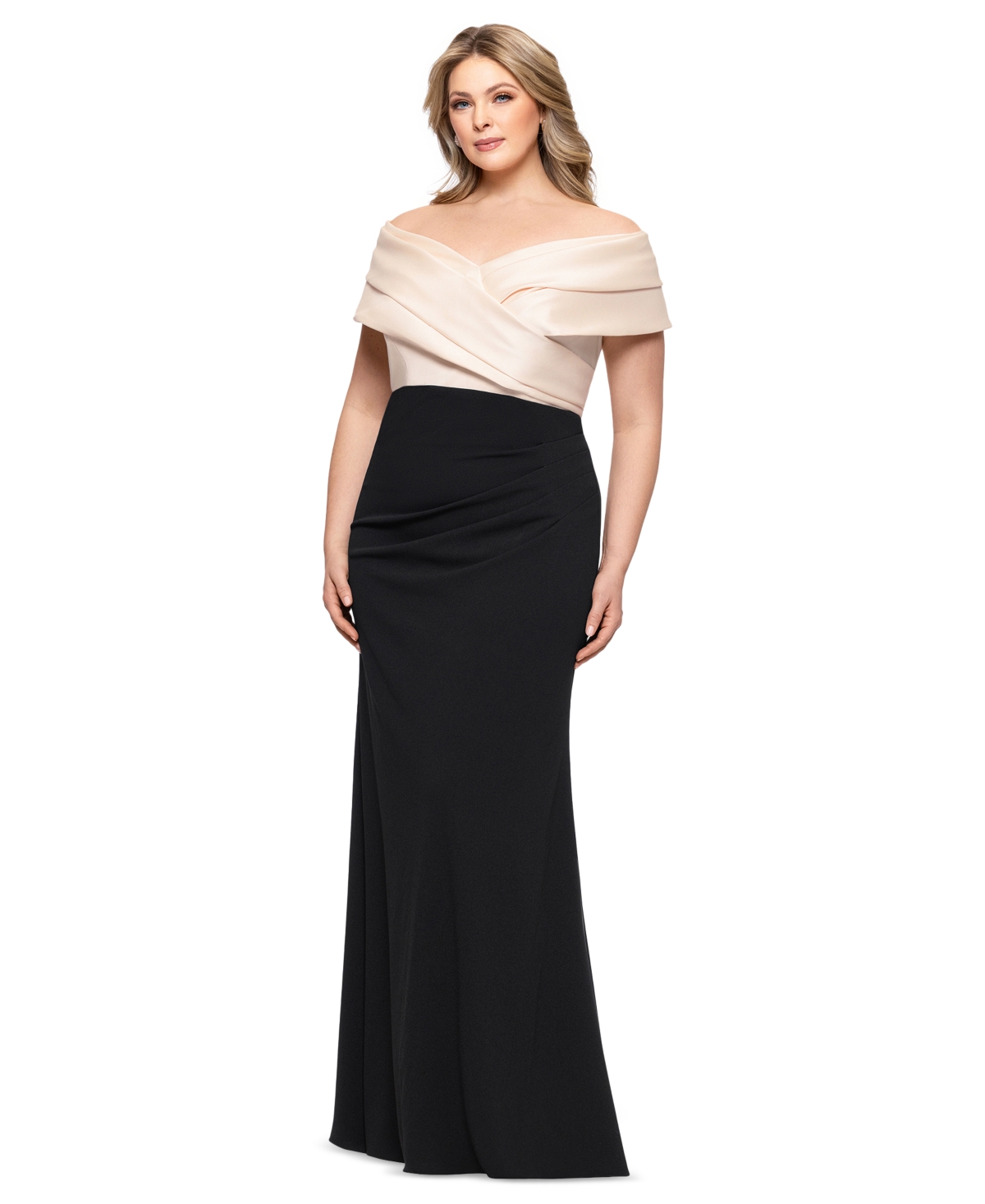BETSY & ADAM PLUS SIZE MIXED-MATERIAL OFF-THE-SHOULDER GOWN 