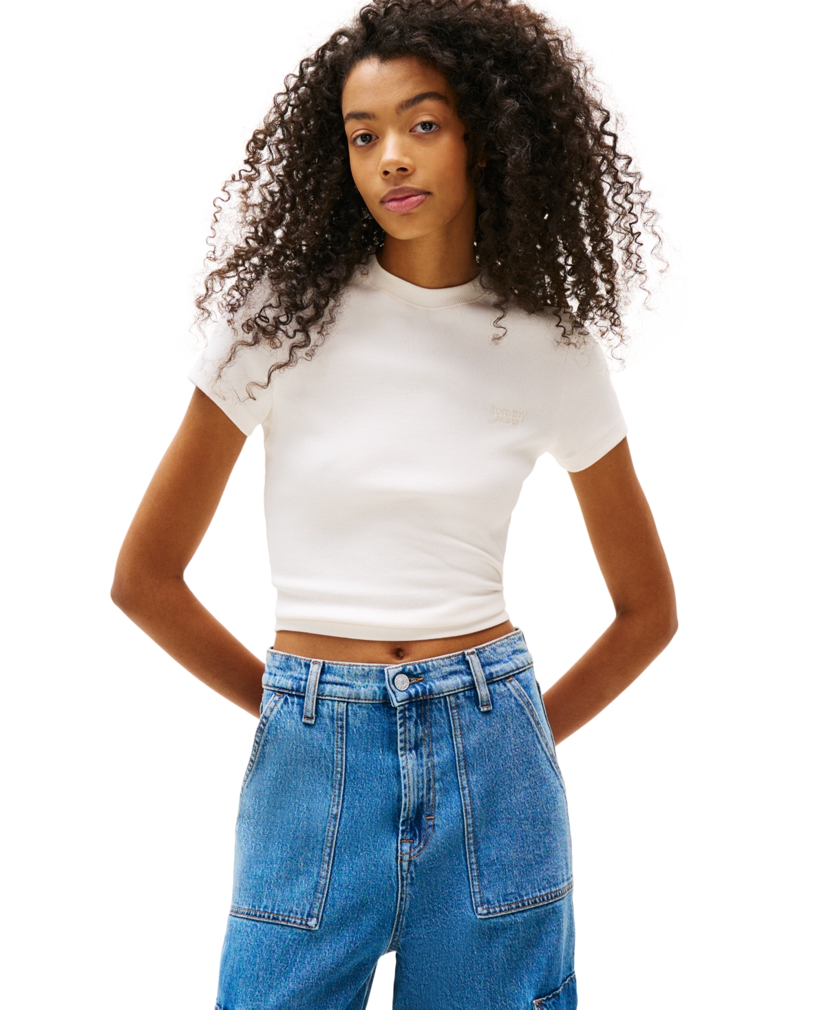 Women's Slim-Fit Cropped Ribbed T-Shirt - Ancient White