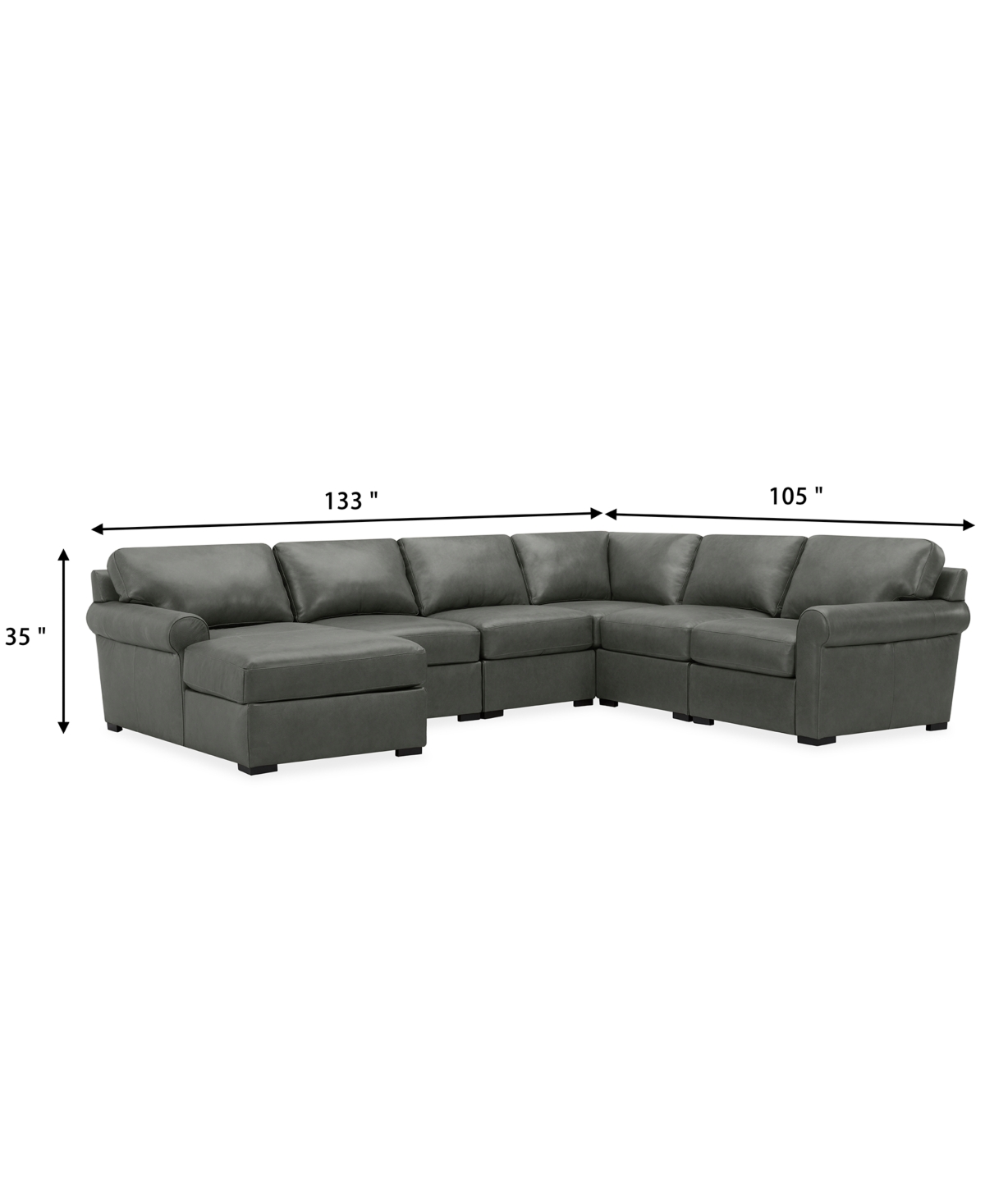 MACY'S RADLEY ROLL ARM 132" 6-PC. LEATHER SQUARE CORNER CHAISE SECTIONAL, EXCLUSIVELY AT MACY'S 