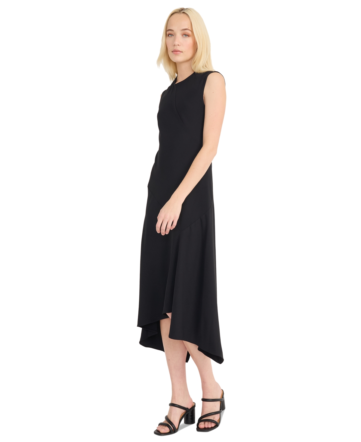 Luxely Beach Crepe Asymmetric Midi Dress In Black
