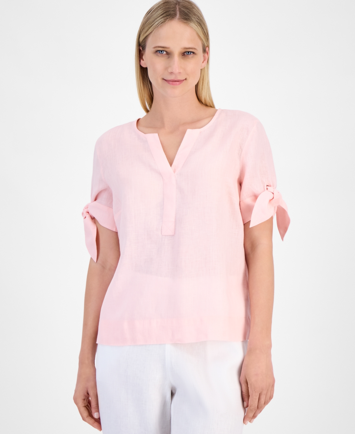 CHARTER CLUB WOMEN'S 100% LINEN SPLIT-NECK TIE-CUFF TOP, CREATED FOR MACY'S 