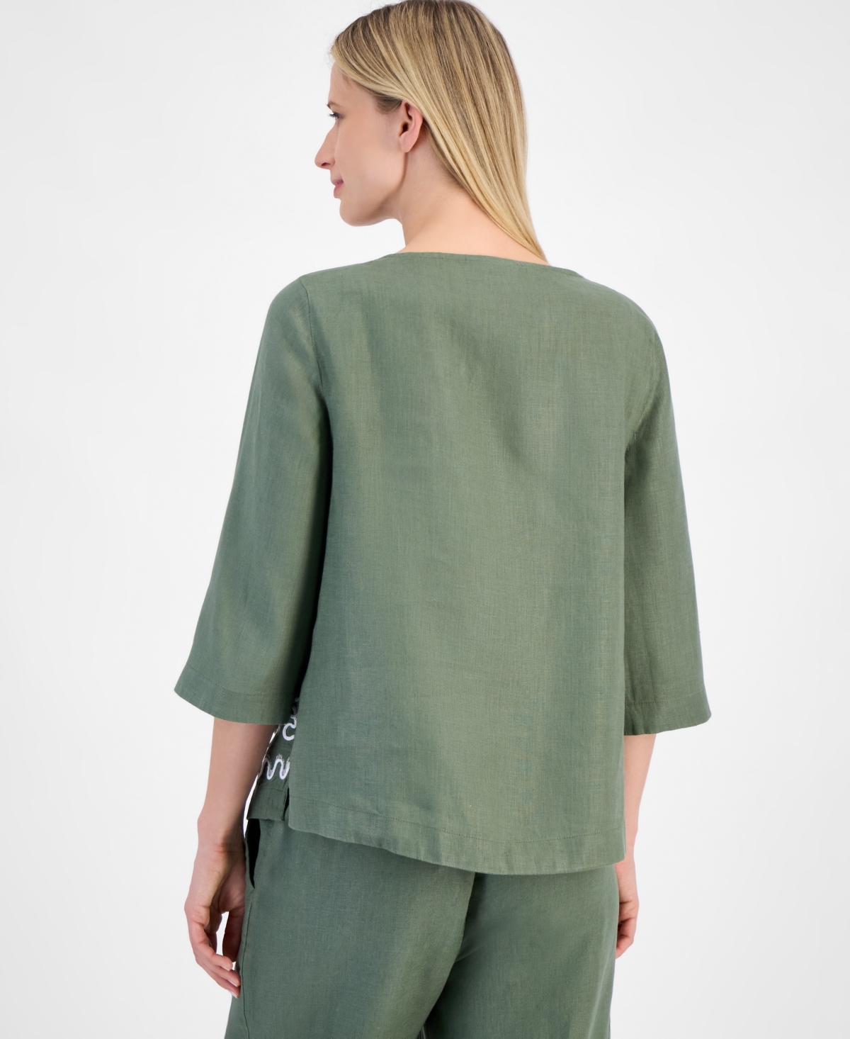 Shop Charter Club Women's Palm-applique 100% Linen Top, Exclusively At Macy's In Cool Olive