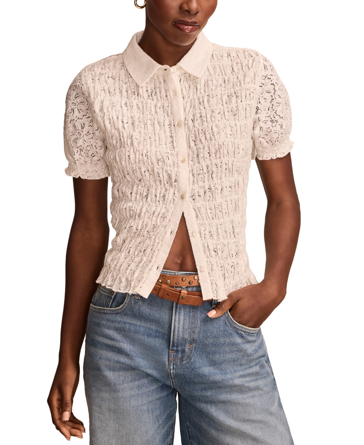 Shop Lucky Brand Women's Smocked Lace Button-front Top In Whisper White