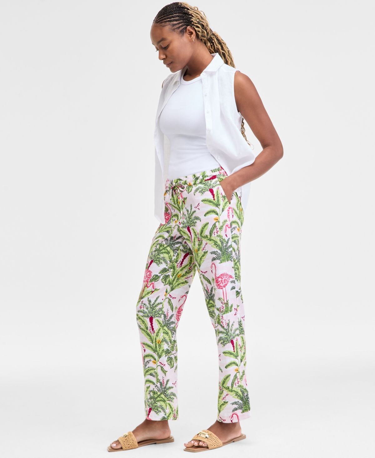 CHARTER CLUB WOMEN'S 100% LINEN PULL-ON PALM PANTS, EXCLUSIVELY AT MACY'S 