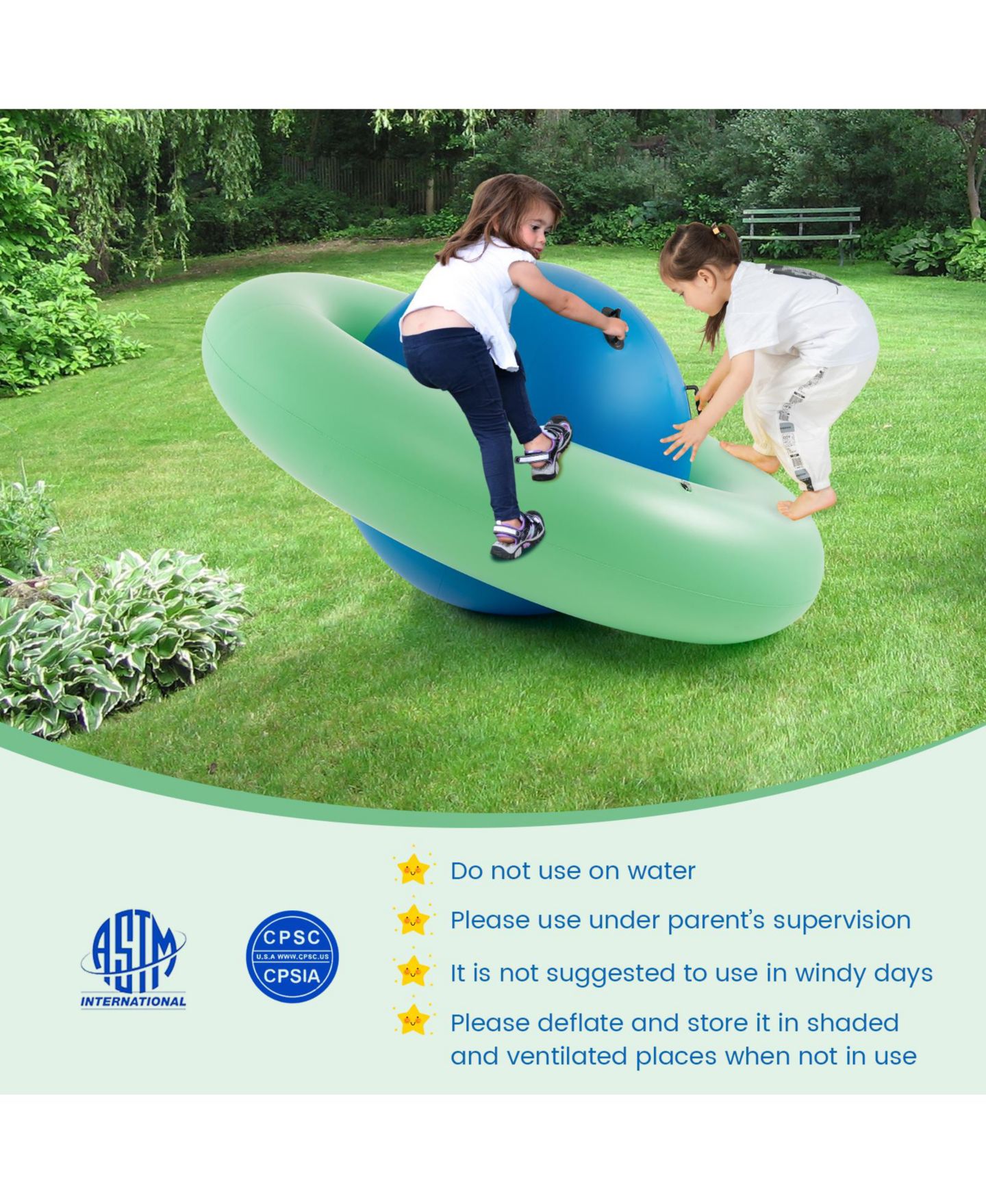 Детская игрушка HONGGE 7.5 Ft Inflatable Dome Rocker Bouncer with 6 Handles for Kids, цвет: Зелёный синий — фото 9