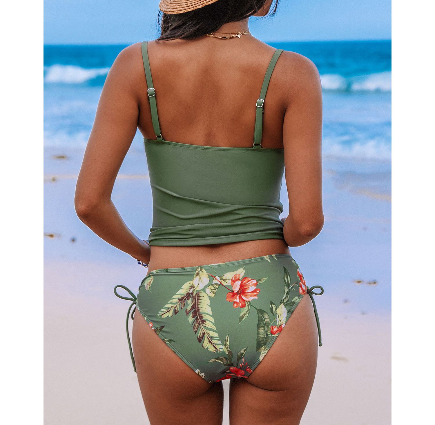 Women's Escaping Ruched Tankini Top and Floral High-Waisted Bottoms Set