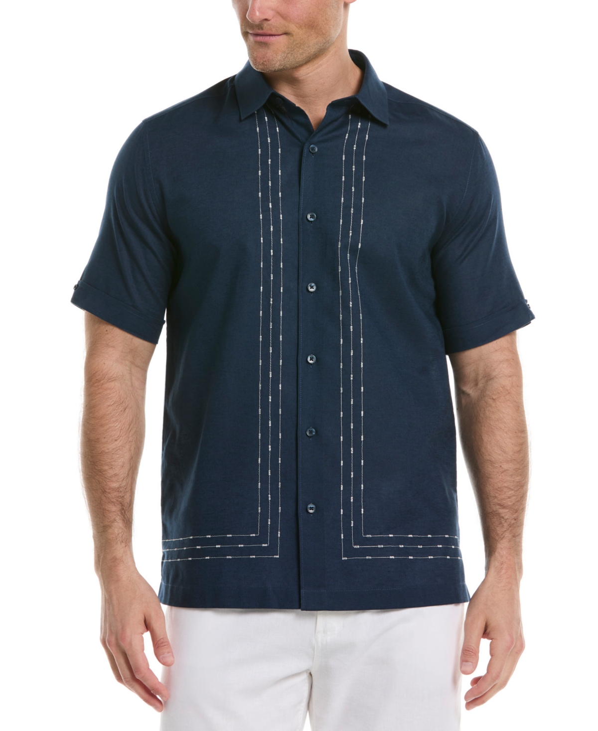 Men's Classic-Fit L-Shape Embroidered Linen Blend Button-Down Shirt - Dress Blues