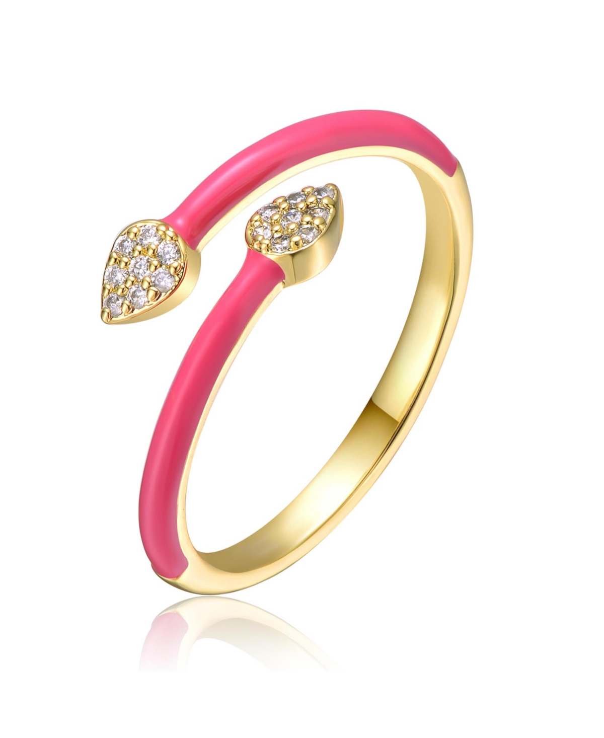 Sterling Silver 14k Yellow Gold Plated with Cubic Zirconia Bypass Magenta Pink Enamel Stacking Ring - Pink