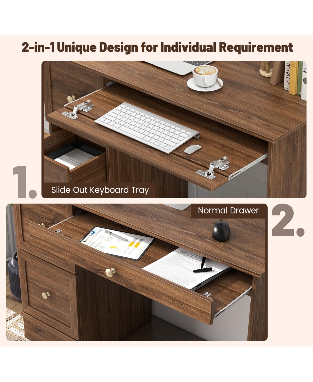 Wooden Vintage Computer Desk with 3 Drawers for Home and Office