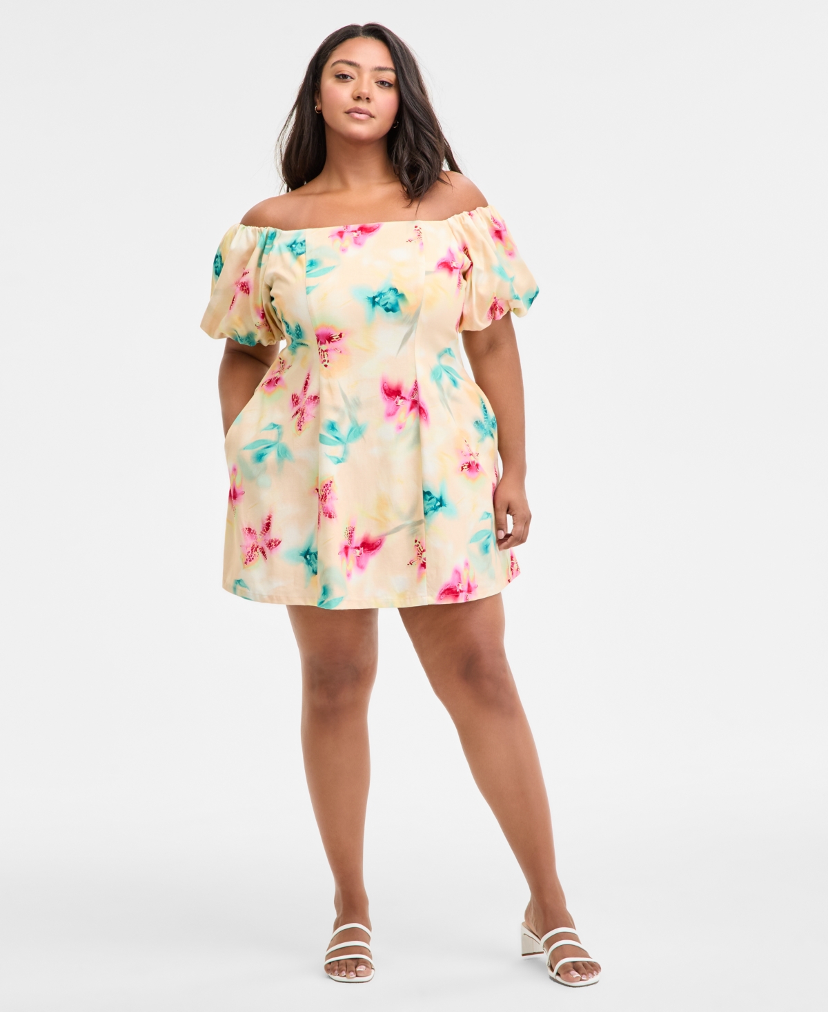 Bar Iii Trendy Plus Size Printed Off-the-shoulder Dress, Exclusively At Macy's