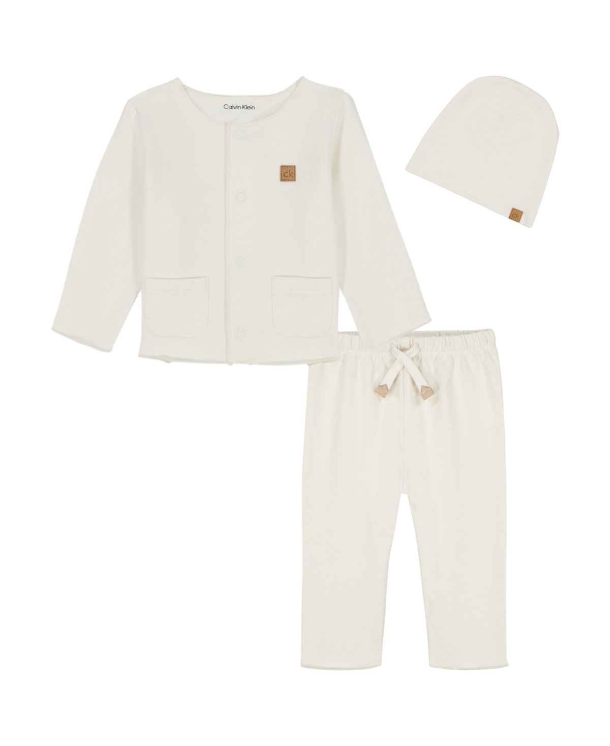 CALVIN KLEIN BABY BOYS 3-PIECE TAKE-ME-HOME CARDIGAN, PANT AND CAP SET 