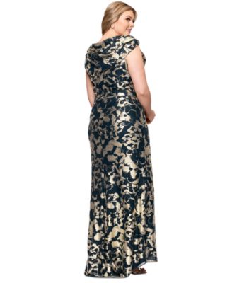 Plus Size Metallic Print Cowlneck Gown