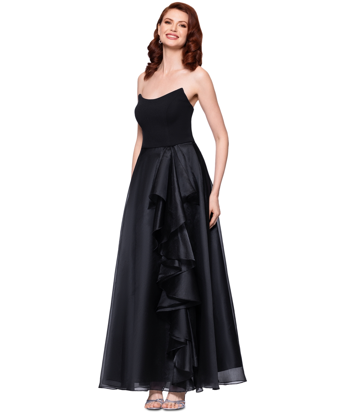 Betsy & Adam Petite Mixed-material Strapless Ball Gown In Black