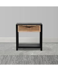 Mango Wood Side Table – Rattan Drawer & Open Shelf Storage