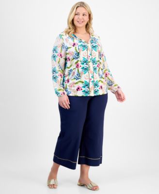 Plus Size Ladder Trim Printed Mixed Media Top Pull On Capri Pants Exclusively At Macys