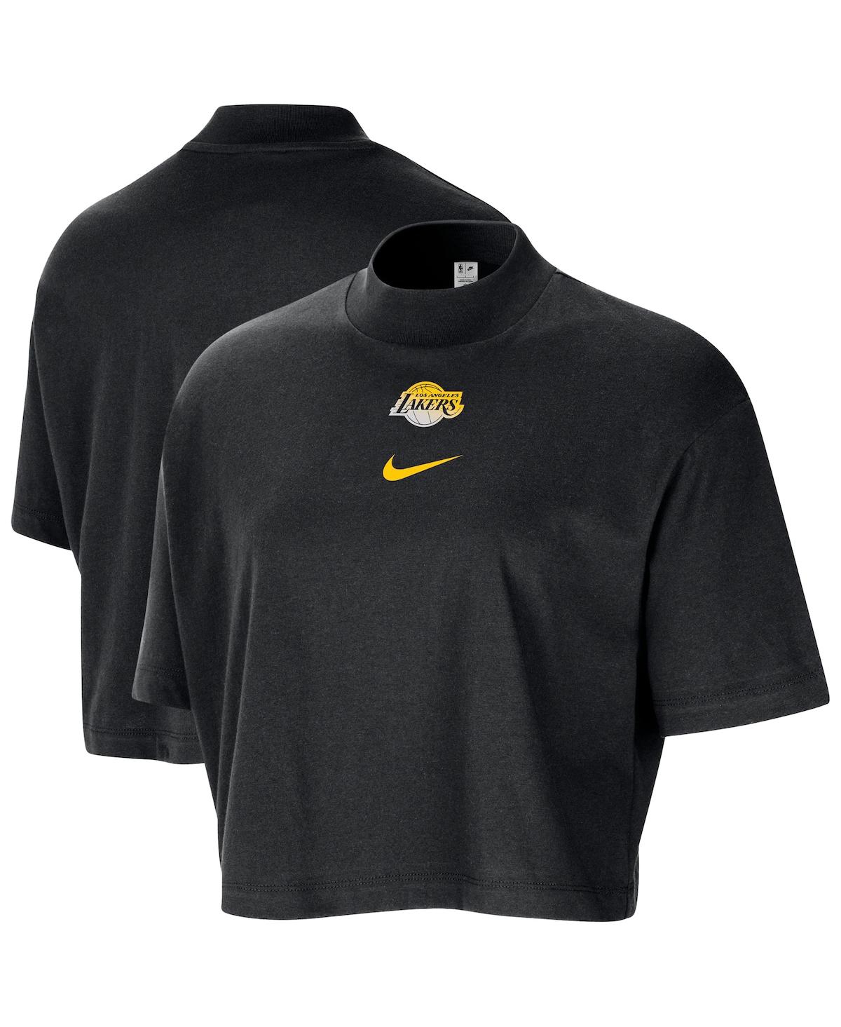 Nike Women's Black Los Angeles Lakers Courtside Mock Neck Loose Fit Cropped T-shirt In Black