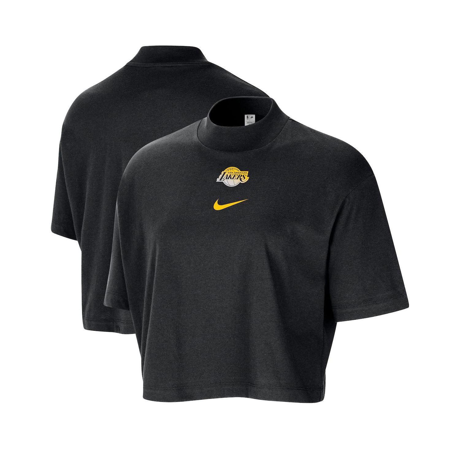 Women's Black Los Angeles Lakers Courtside Mock Neck Loose Fit Cropped T-Shirt