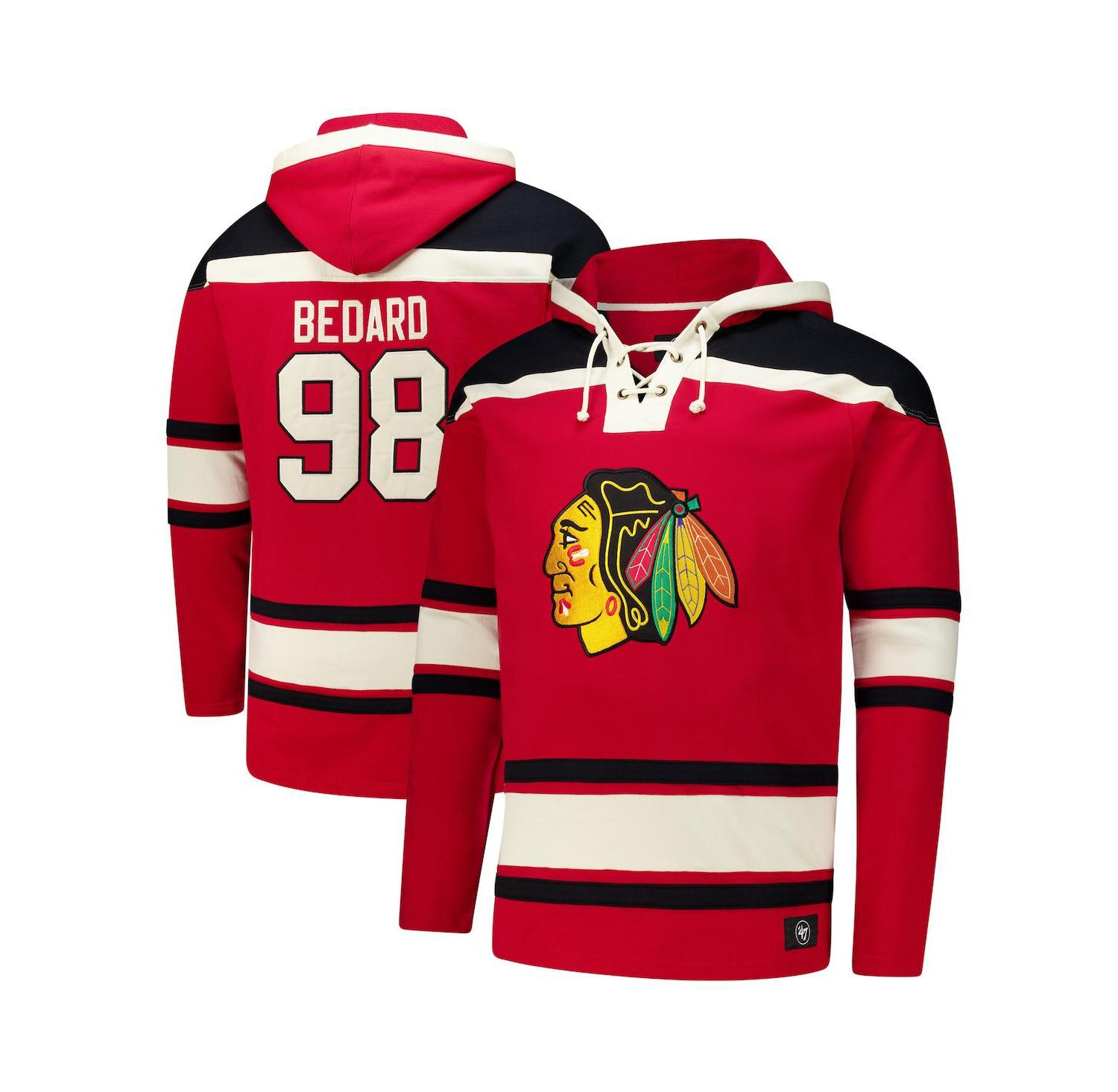 47 Brand Men's Connor Bedard Red Chicago Blackhawks Big & Tall Lace-up Pullover Hoodie