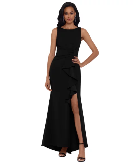 Betsy & Adam Petite Ruffled Boat-Neck Gown - Black