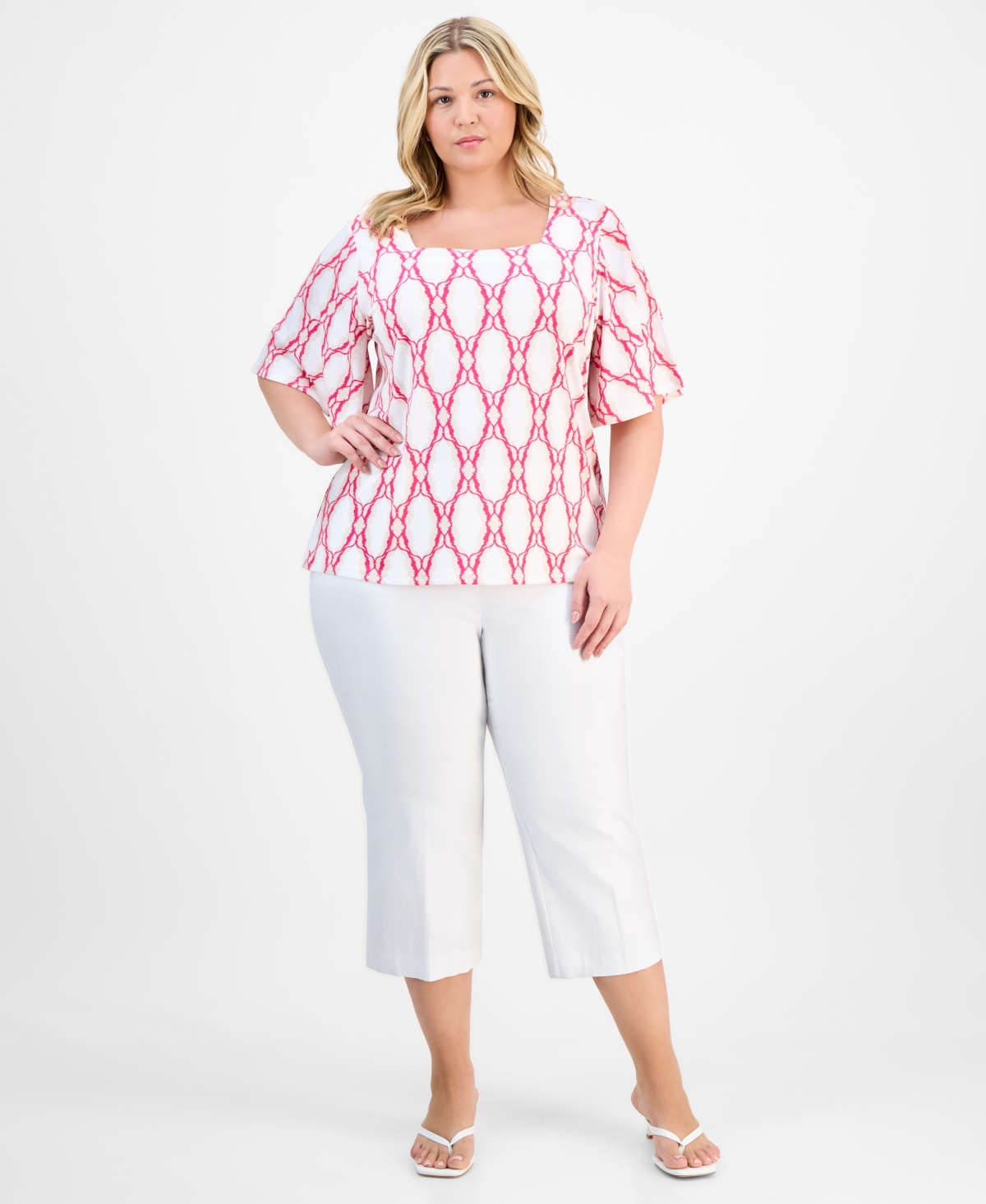 JM COLLECTION PLUS SIZE PRINTED FLUTTER-SLEEVE TOP, EXCLUSIVELY AT MACY'S 