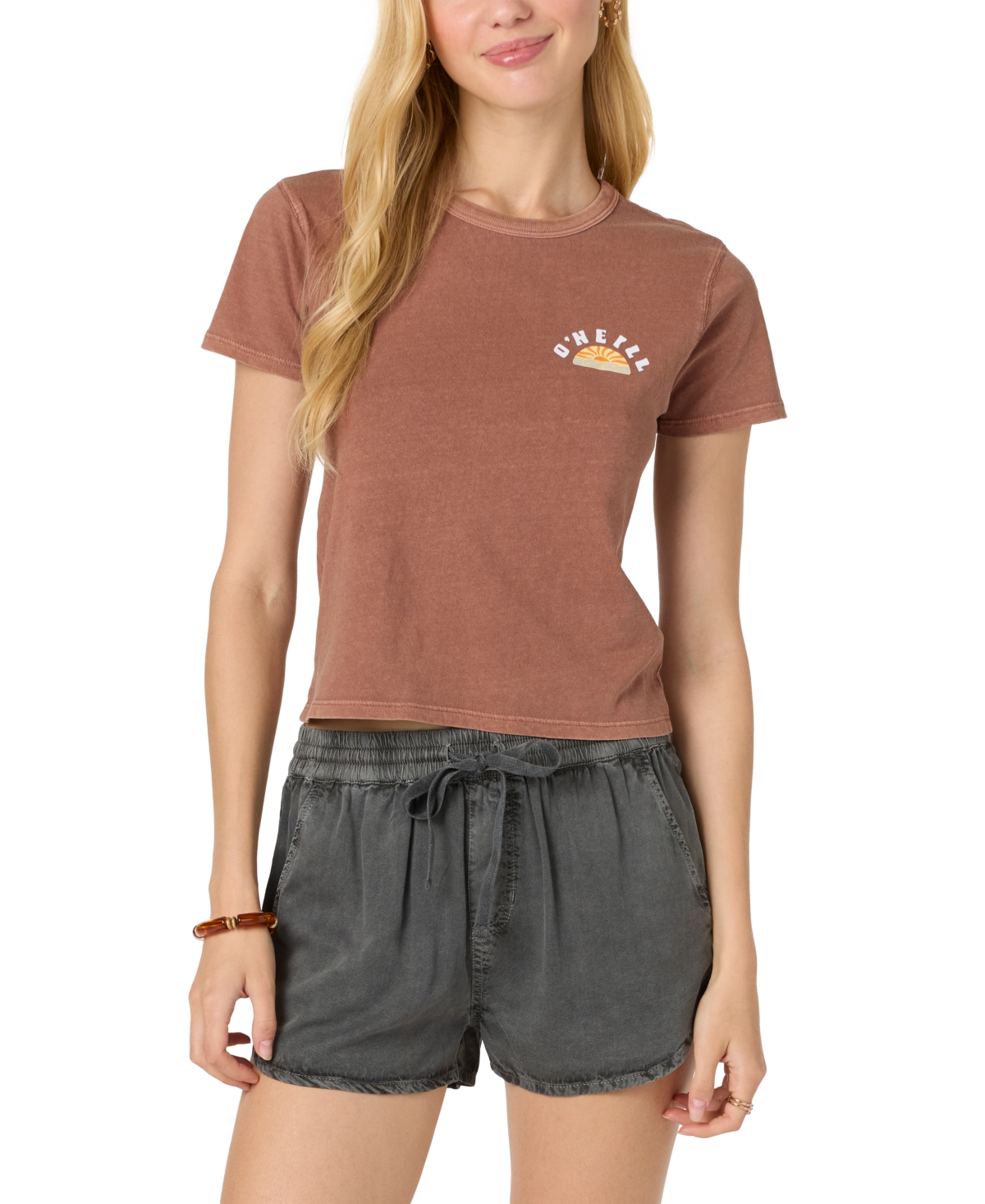 Juniors' Sunny Side Cotton Short-Sleeve T-Shirt - Carob Brown