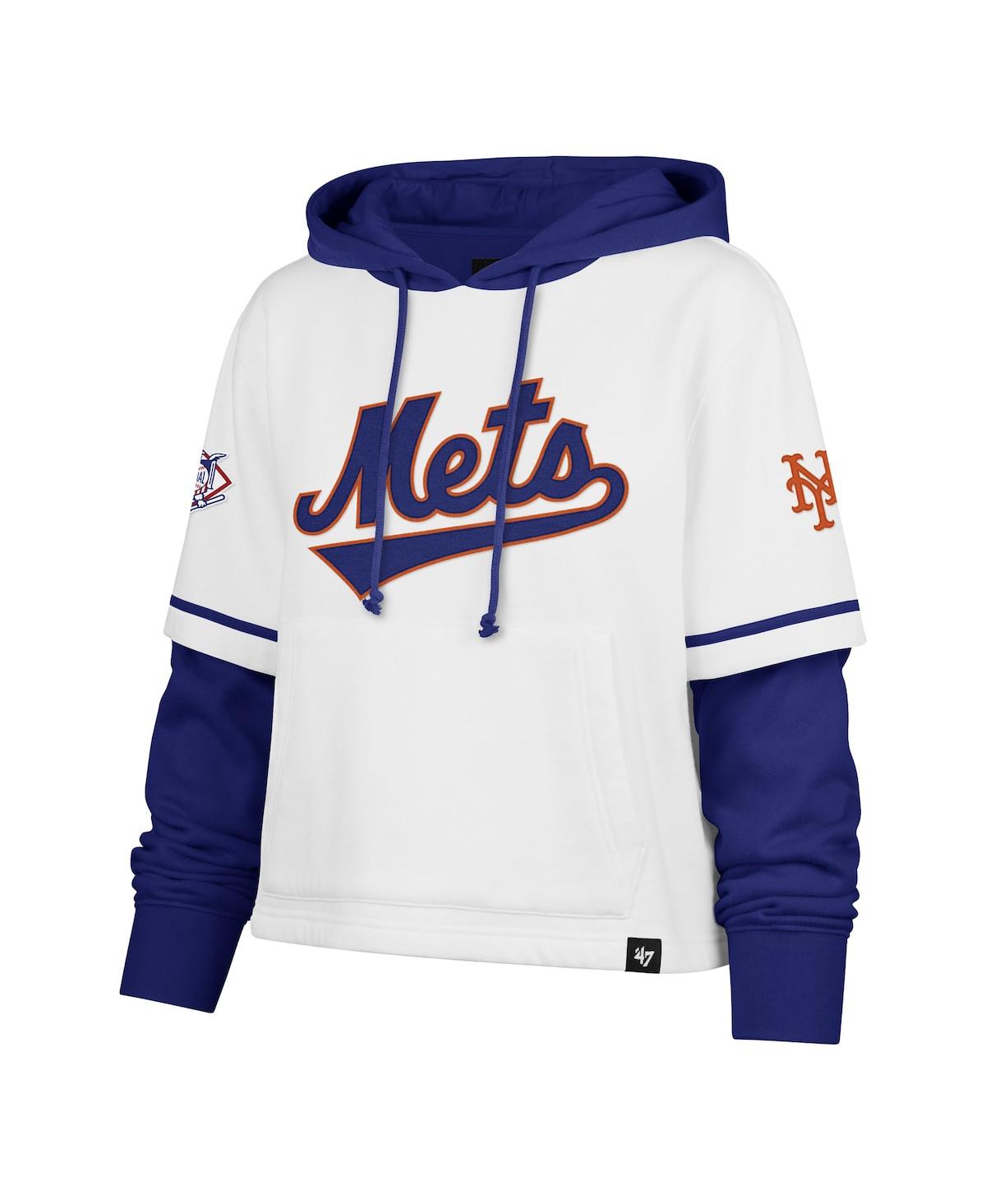 47 BRAND WOMEN'S WHITE NEW YORK METS TRIFECTA SHORTSTOP CROPPED PULLOVER HOODIE 