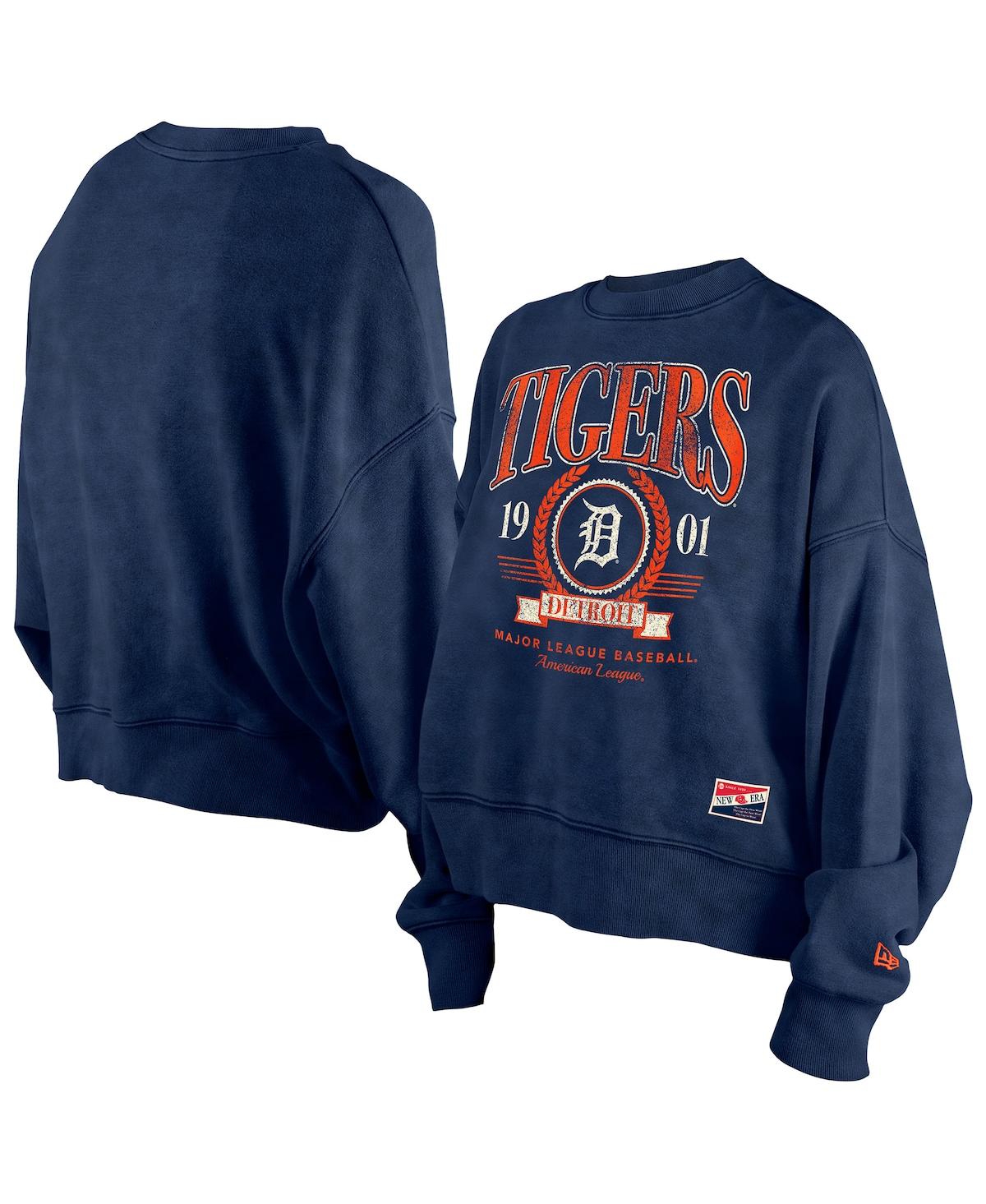 NEW ERA WOMEN'S NAVY DETROIT TIGERS THROWBACK BOXY ENZYME WASH FLEECE CREWNECK PULLOVER TOP 