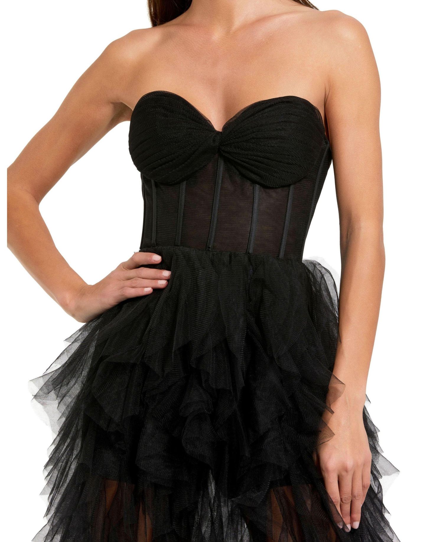 Women's Strapless Bustier Net Gown With Spiral Ruffles