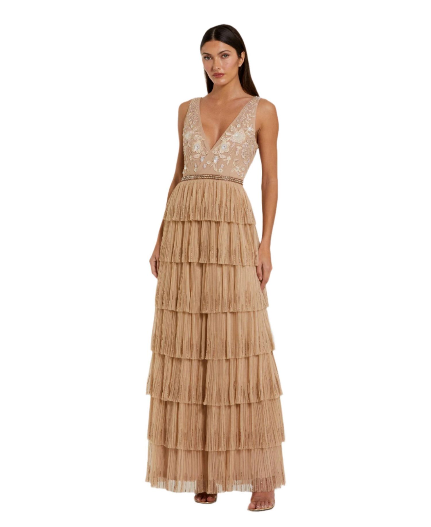 Women's Beaded Mesh V Neck Gown With Tiered Ruffles
