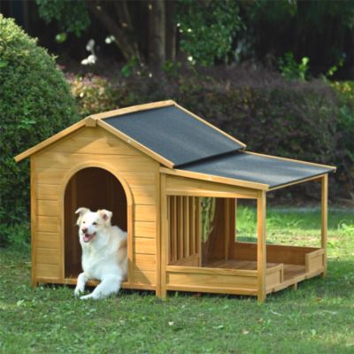 60.2inch Large Wooden Dog House with Porch Cabin Style Dog Crate with Asphalt Roof Nature