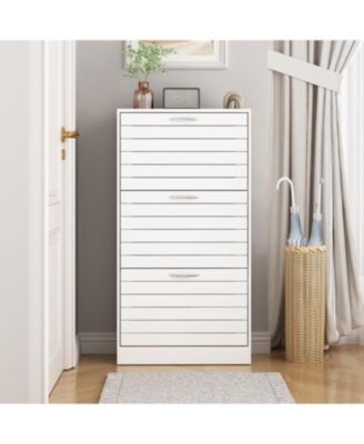 Wooden 3-door white shoe cabinet, shutter door drawers, multi-purpose shoe rack with adjustable shelves