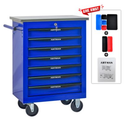 7 Drawers Multifunctional Tool Cart with Wheels Metal Rolling Tool Cart Storage with Stainless Steel Roof Black Blue