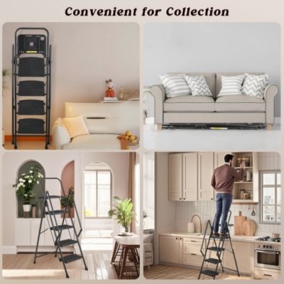 4 Step Folding Ladder with Non Slip Wide Pedals Soft Handle 330 lb Capacity Steel Ladder for Home Office