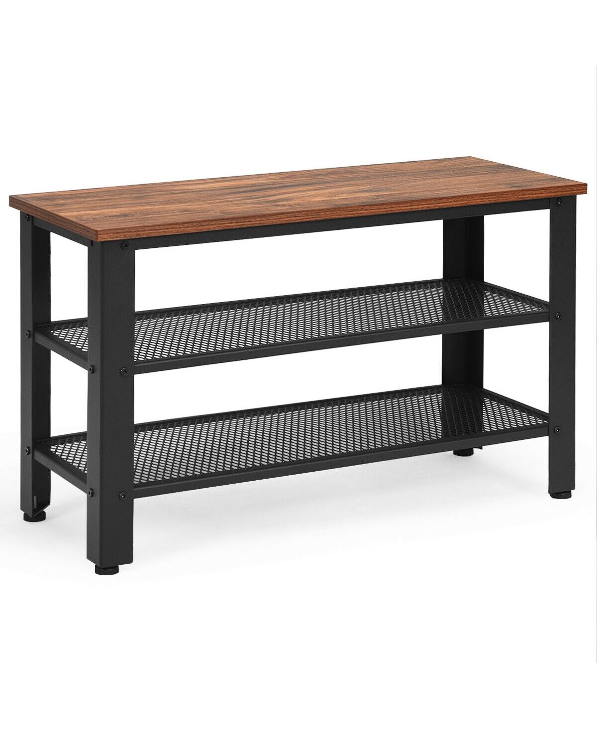3-Tier Shoe Rack Industrial Shoe Bench with Storage Shelves - Black