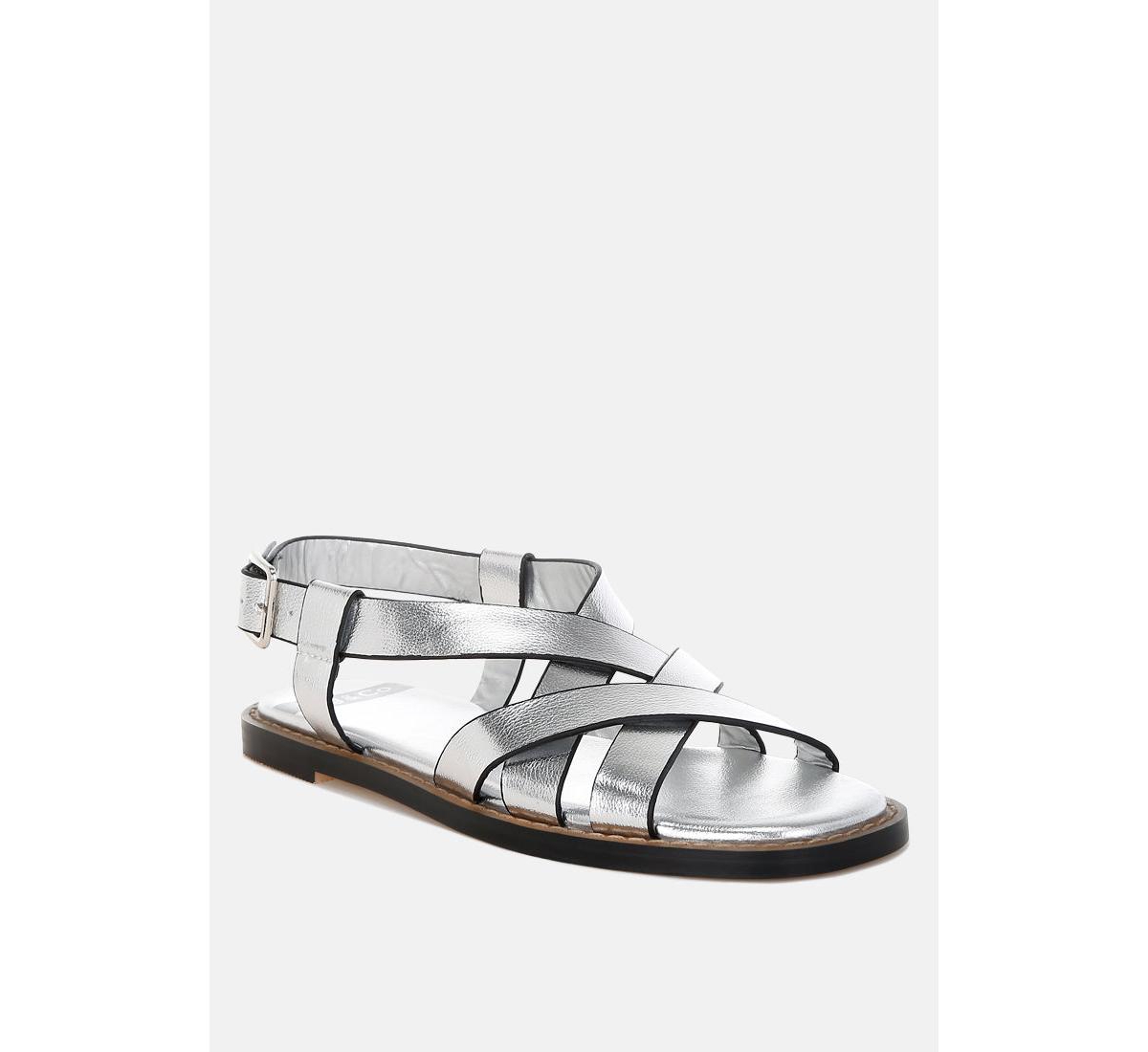 Doata Metallic Genuine Leather Buckled Flats - Silver