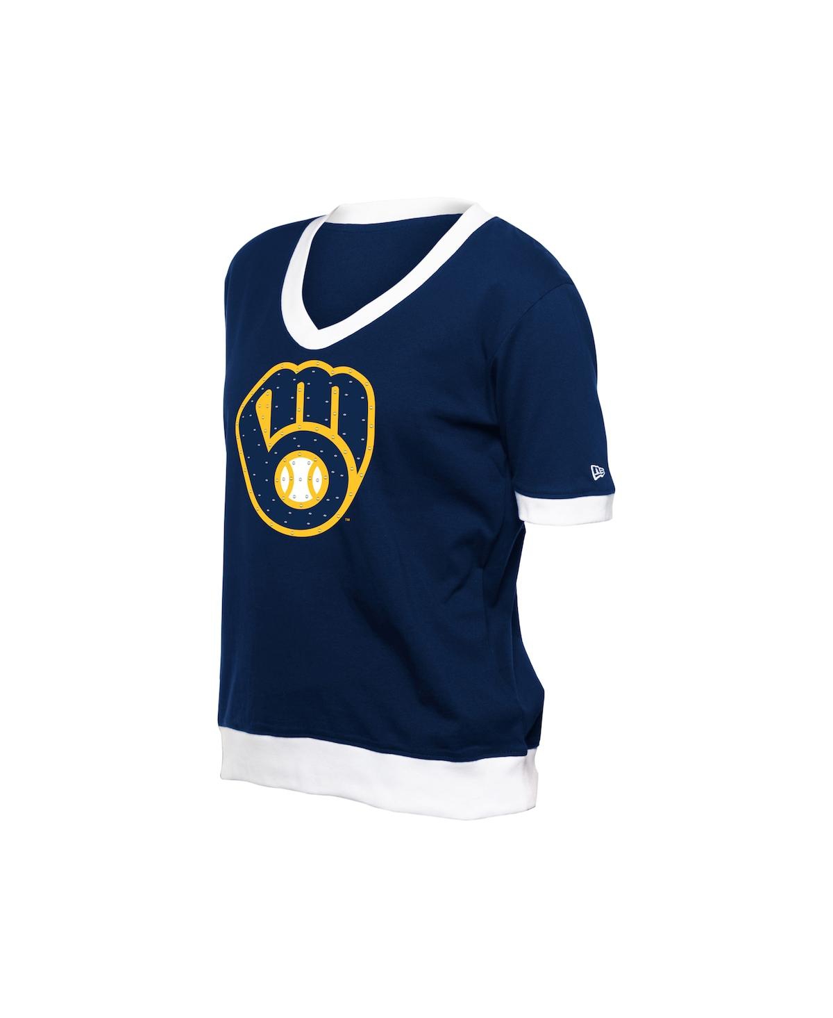 NEW ERA WOMEN'S NAVY MILWAUKEE BREWERS GAME DAY RHINESTONE V-NECK T-SHIRT 